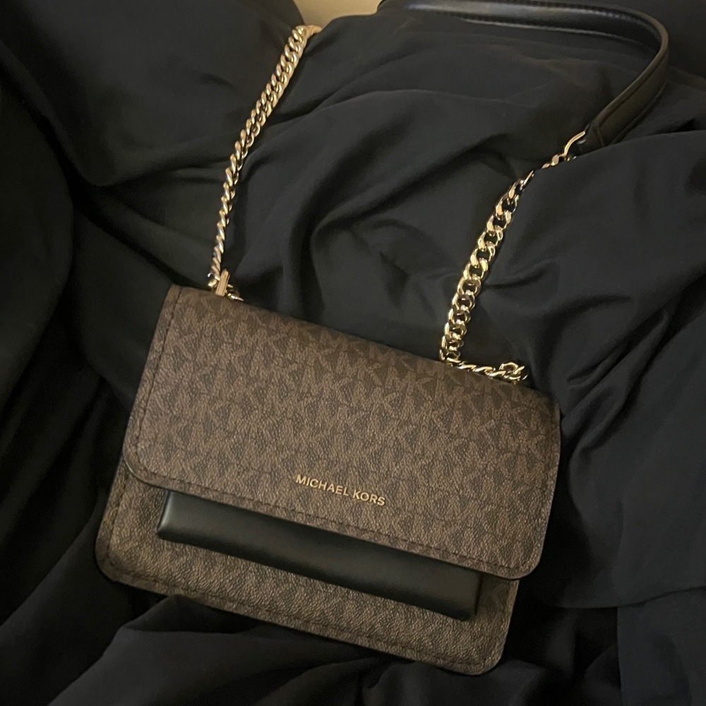 Michael Kors Brown Monogram Crossbody with Gold Chain